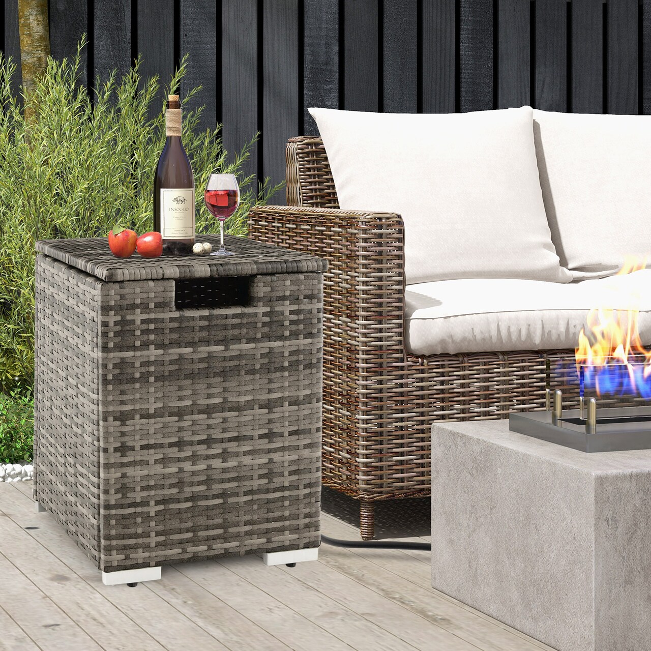 2-in-1 Multi-functional PE Wicker Propane Tank Cover Table with Metal Frame and Adjustable Foot pads